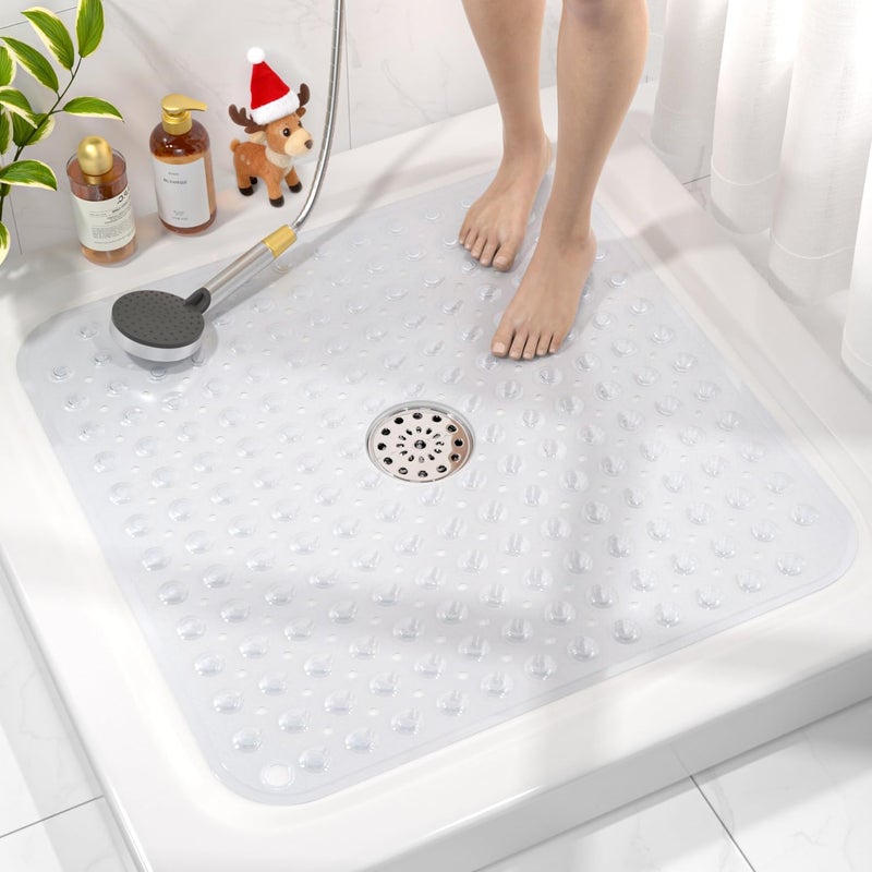 HITSLAM Shower Bathtub Mat Non Slip, 24"x 24" Bath Mat for Tub, Soft PVC Shower Mats for Inside Shower with Suction Cups and Center Drain Hole, Machine Washable Bathroom Floor Mat, Clear - Image 1